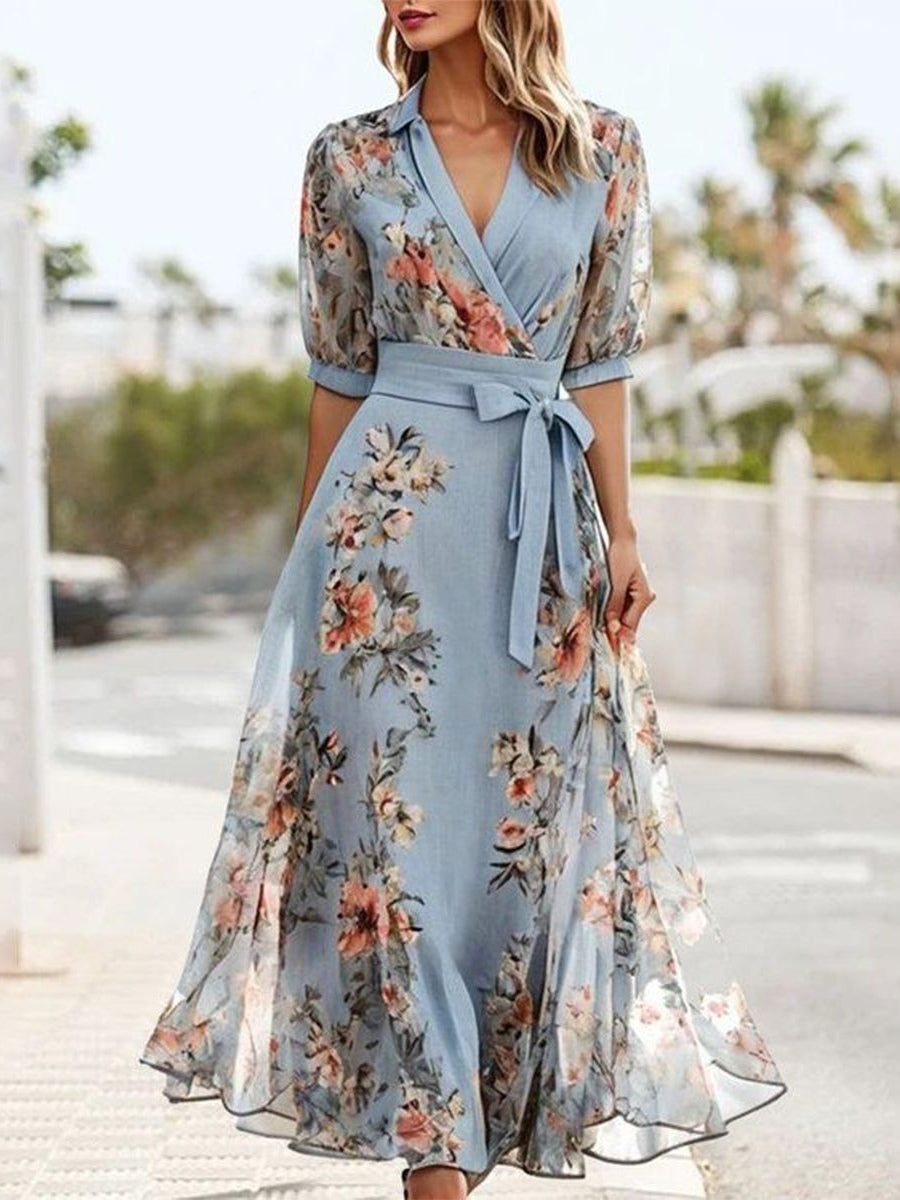 Floral V-Neck Midi Dress with Short Sleeves and Bow Waist