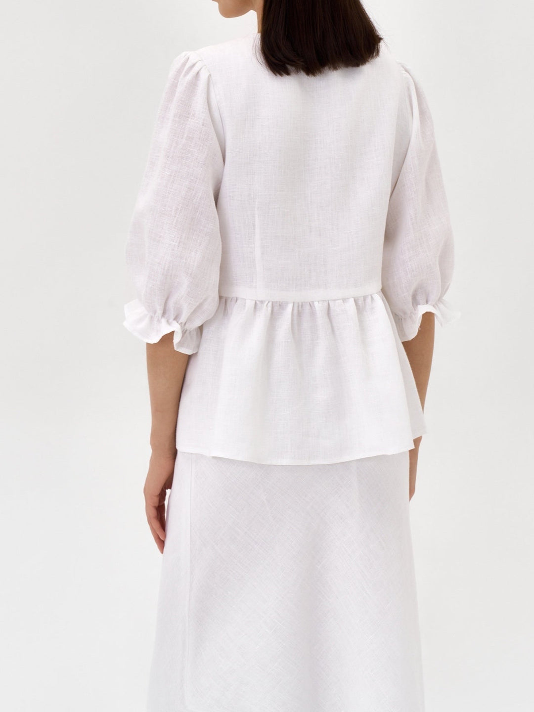 Yellow V-Neck Mid-Sleeve Top with High-Waisted Linen Skirt Set