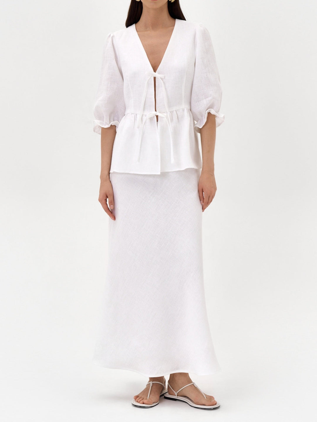 Yellow V-Neck Mid-Sleeve Top with High-Waisted Linen Skirt Set