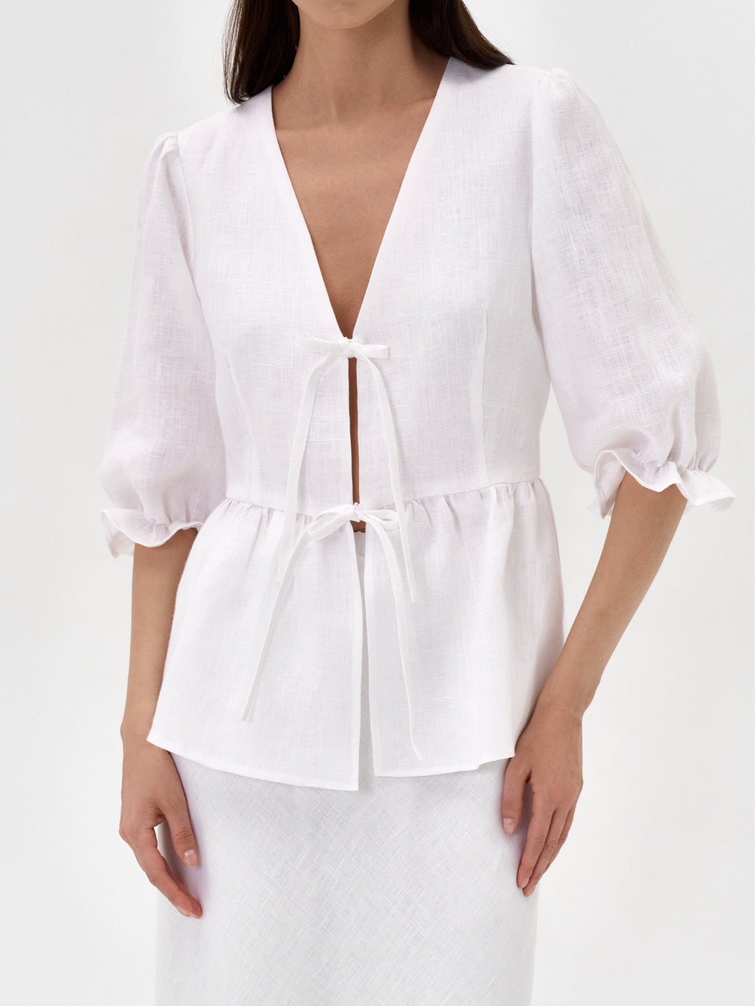 Yellow V-Neck Mid-Sleeve Top with High-Waisted Linen Skirt Set