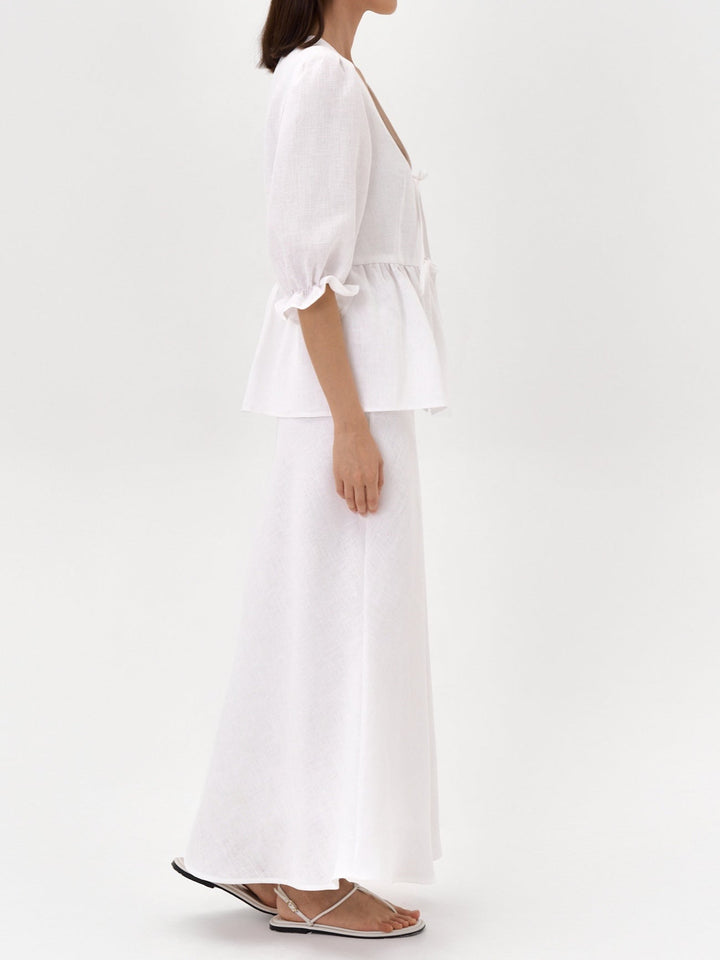 Yellow V-Neck Mid-Sleeve Top with High-Waisted Linen Skirt Set