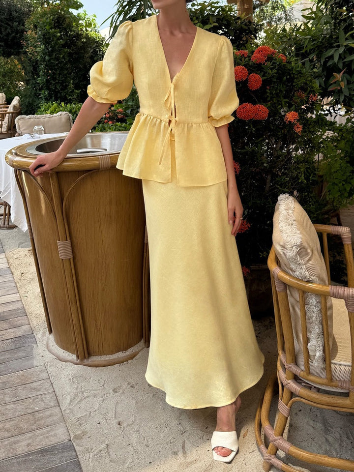 Yellow V-Neck Mid-Sleeve Top with High-Waisted Linen Skirt Set
