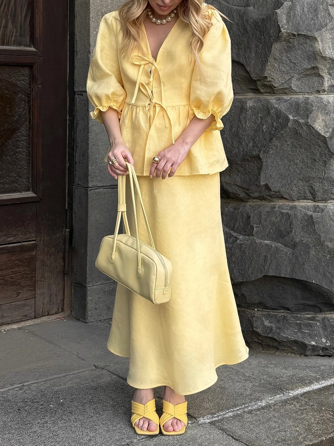 Yellow V-Neck Mid-Sleeve Top with High-Waisted Linen Skirt Set