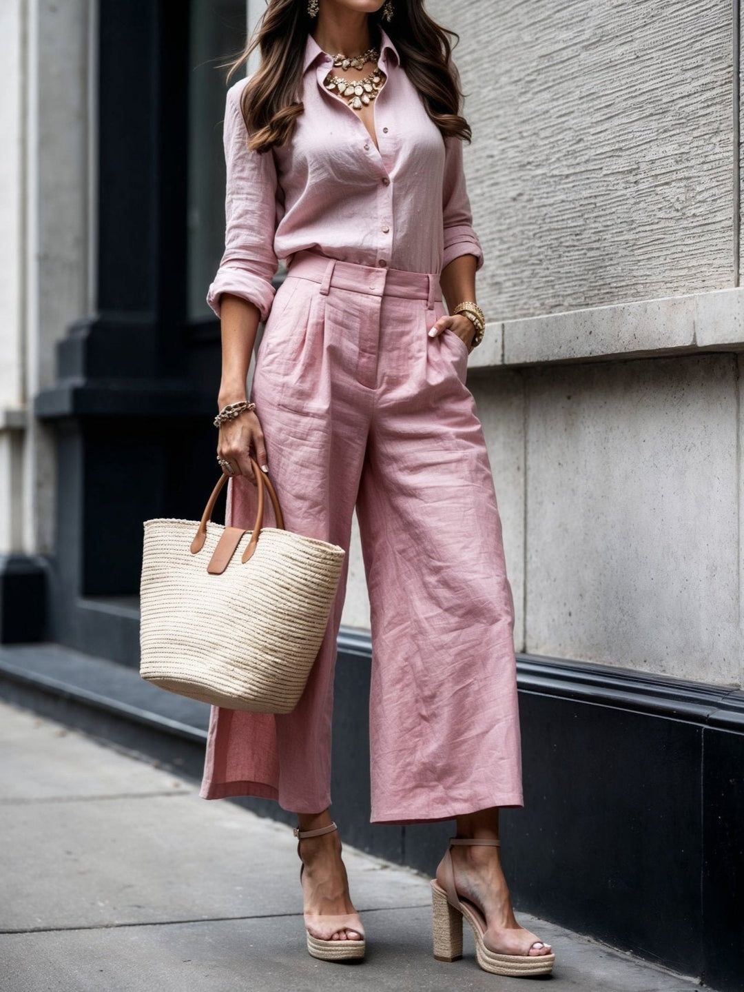 Pink Linen Capri Pants and Relaxed Fit Top Set
