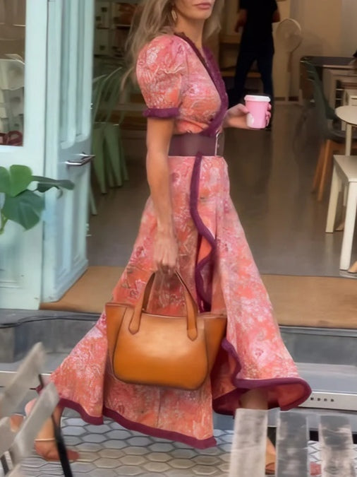 Chic Pink Floral Short Sleeve Maxi Dress