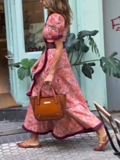 Chic Pink Floral Short Sleeve Maxi Dress