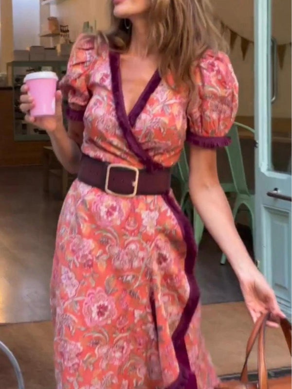 Chic Pink Floral Short Sleeve Maxi Dress