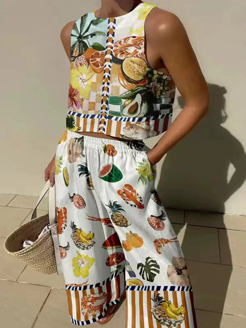 סט גופייה מודפסת ייחודית ומכנסיים עם כיסים מותניים אלסטיים