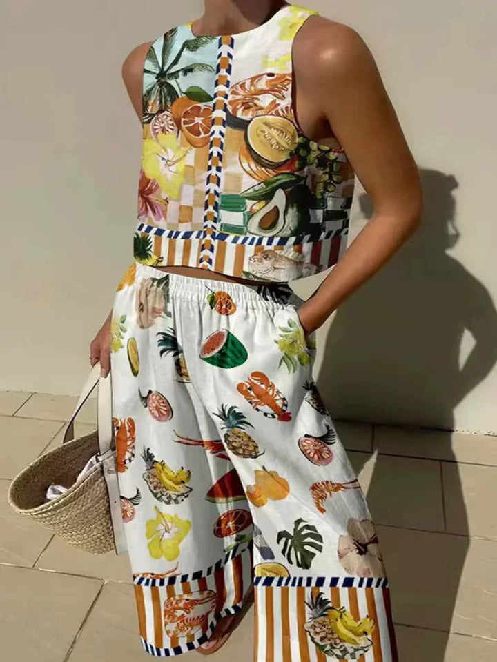 סט גופייה מודפסת ייחודית ומכנסיים עם כיסים מותניים אלסטיים