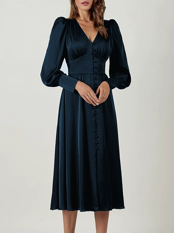 שמלת מידי עם צווארון וי מסאטן ושרוולי בלון