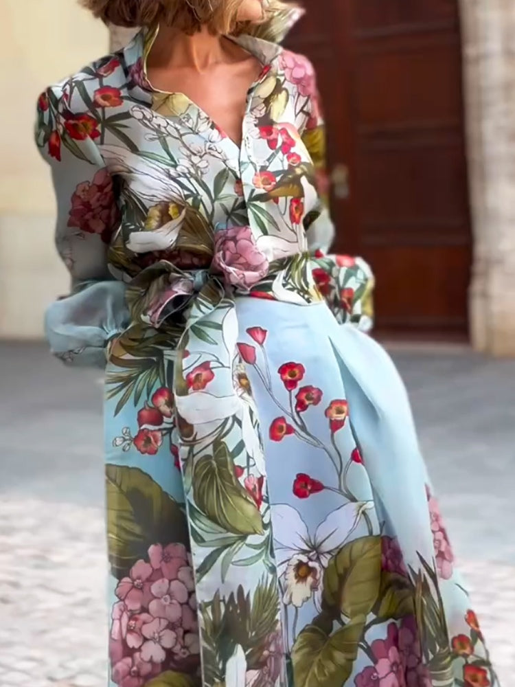 סט חולצה וחצאית שני חלקים עם הדפס פרחוני אופנתי