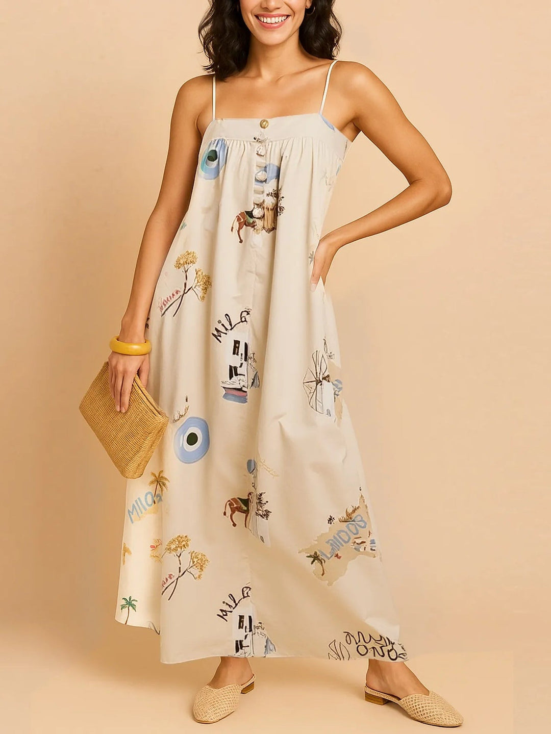 שמלת מקסי מודפסת עם מחשוף מרובע ללא כתפיות