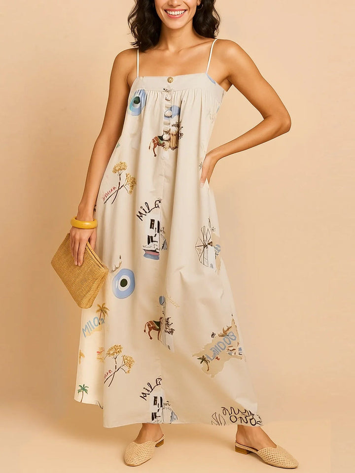 שמלת מקסי מודפסת עם מחשוף מרובע ללא כתפיות
