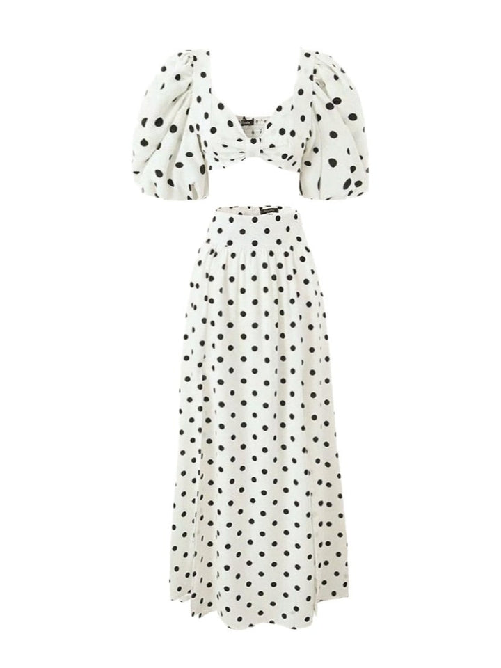Polka Dot Puff Sleeve Square Neck Top & Side Slit Skirt Set