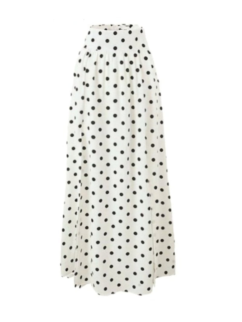 Polka Dot Puff Sleeve Square Neck Top & Side Slit Skirt Set