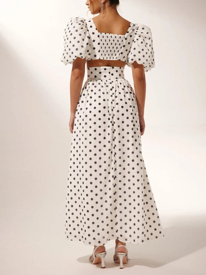 Polka Dot Puff Sleeve Square Neck Top & Side Slit Skirt Set
