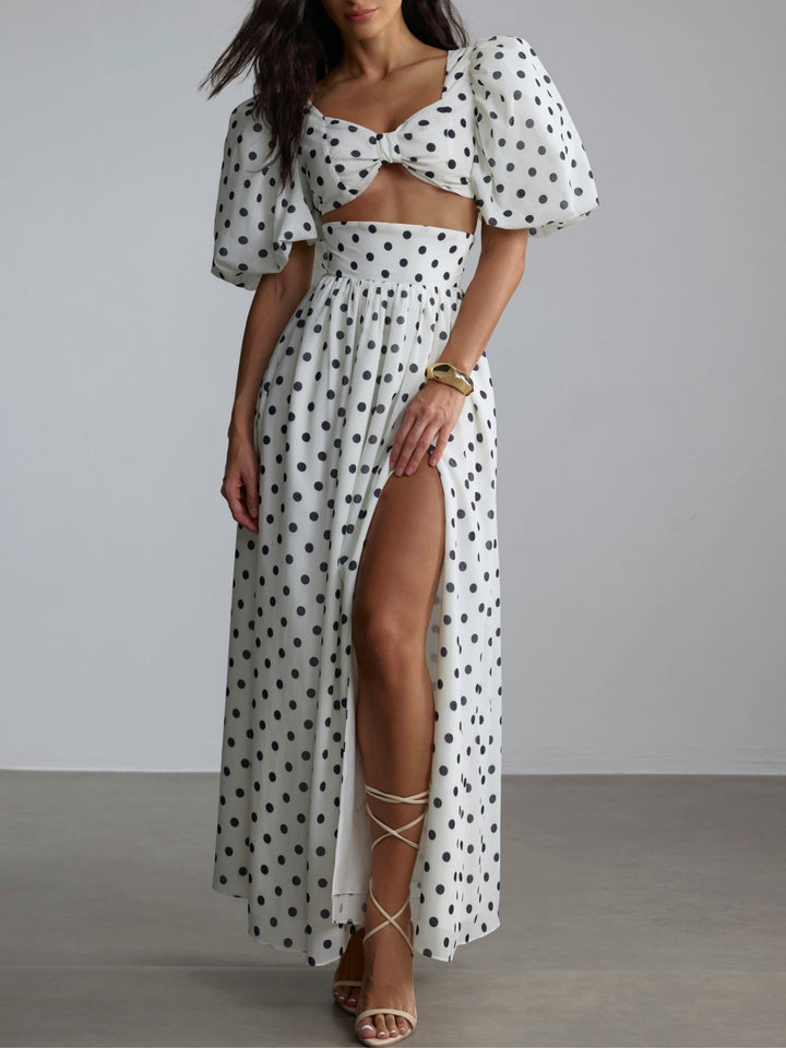 Polka Dot Puff Sleeve Square Neck Top & Side Slit Skirt Set