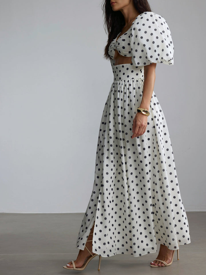 Polka Dot Puff Sleeve Square Neck Top & Side Slit Skirt Set