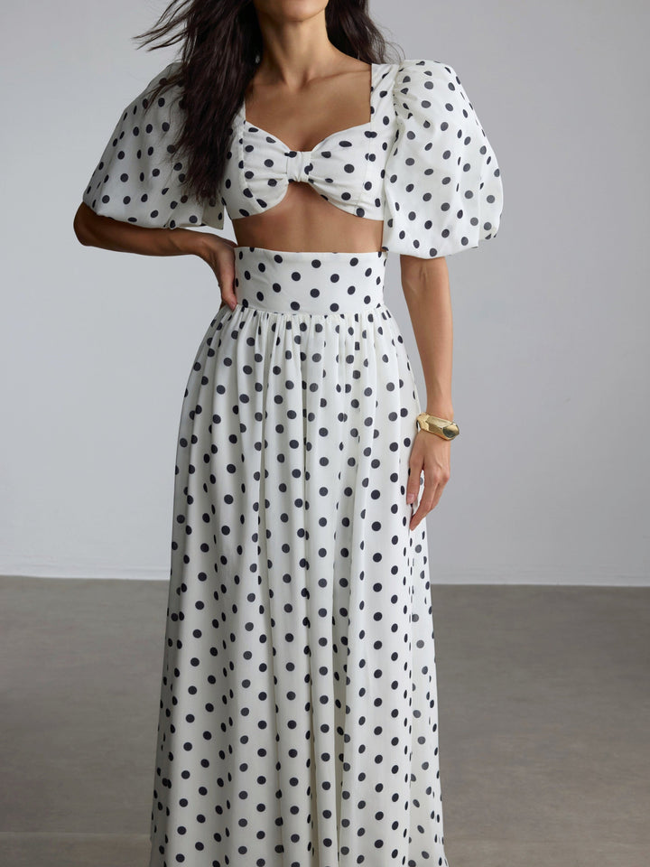 Polka Dot Puff Sleeve Square Neck Top & Side Slit Skirt Set