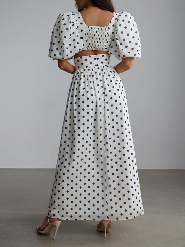 Polka Dot Puff Sleeve Square Neck Top & Side Slit Skirt Set