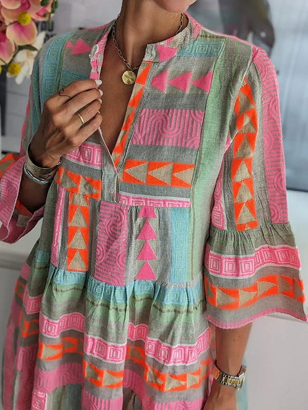 Chic V-Neck Dress with Elegant Patchwork Print and Three-Quarter Sleeves