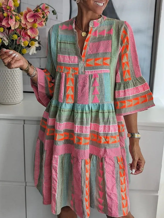 Chic V-Neck Dress with Elegant Patchwork Print and Three-Quarter Sleeves
