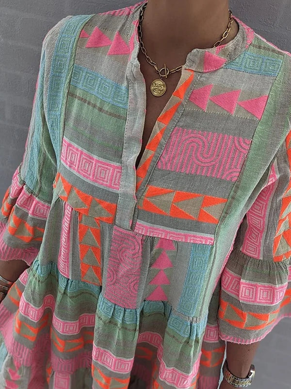 Chic V-Neck Dress with Elegant Patchwork Print and Three-Quarter Sleeves