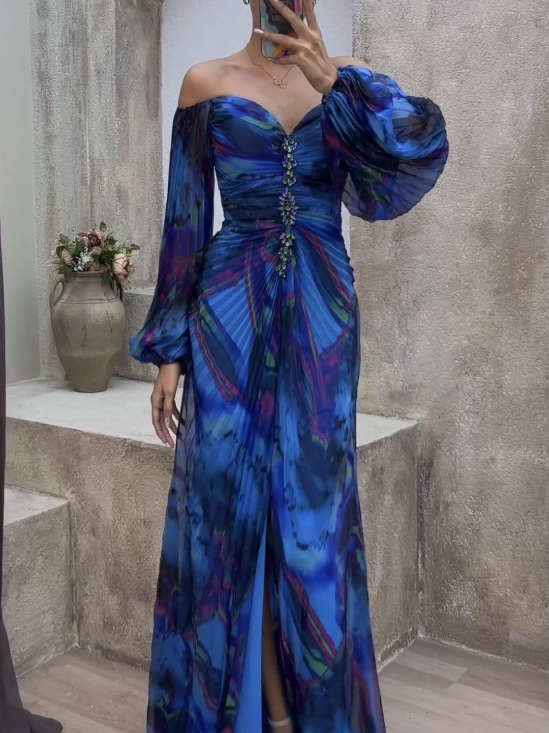 Off-the-Shoulder Pleated Maxi Dress with Diamond Accents and Side Slit