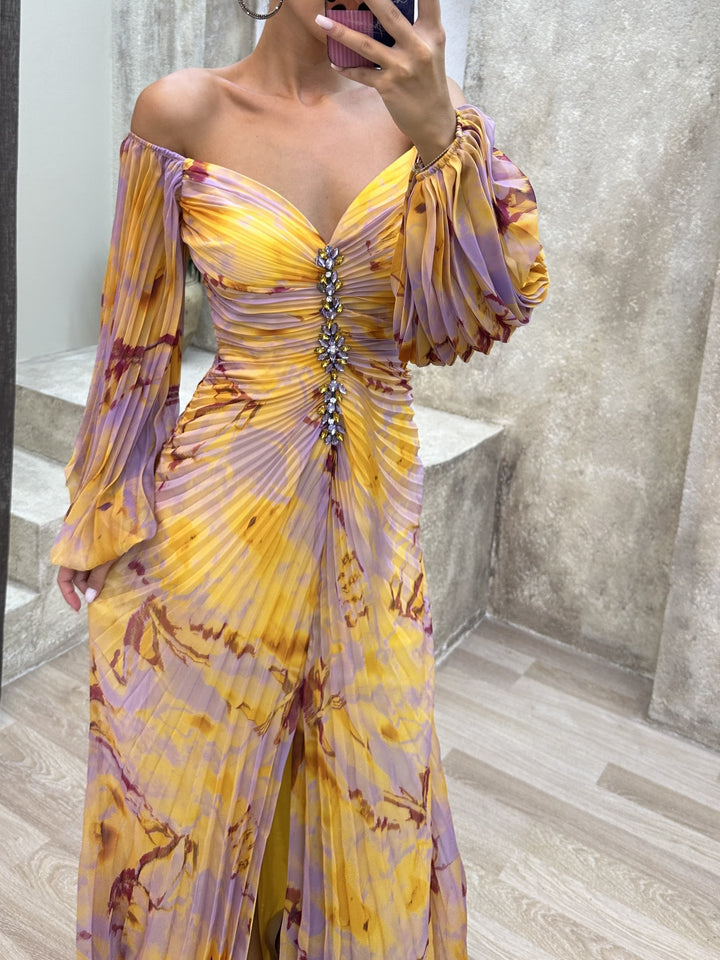 Off-the-Shoulder Pleated Maxi Dress with Diamond Accents and Side Slit