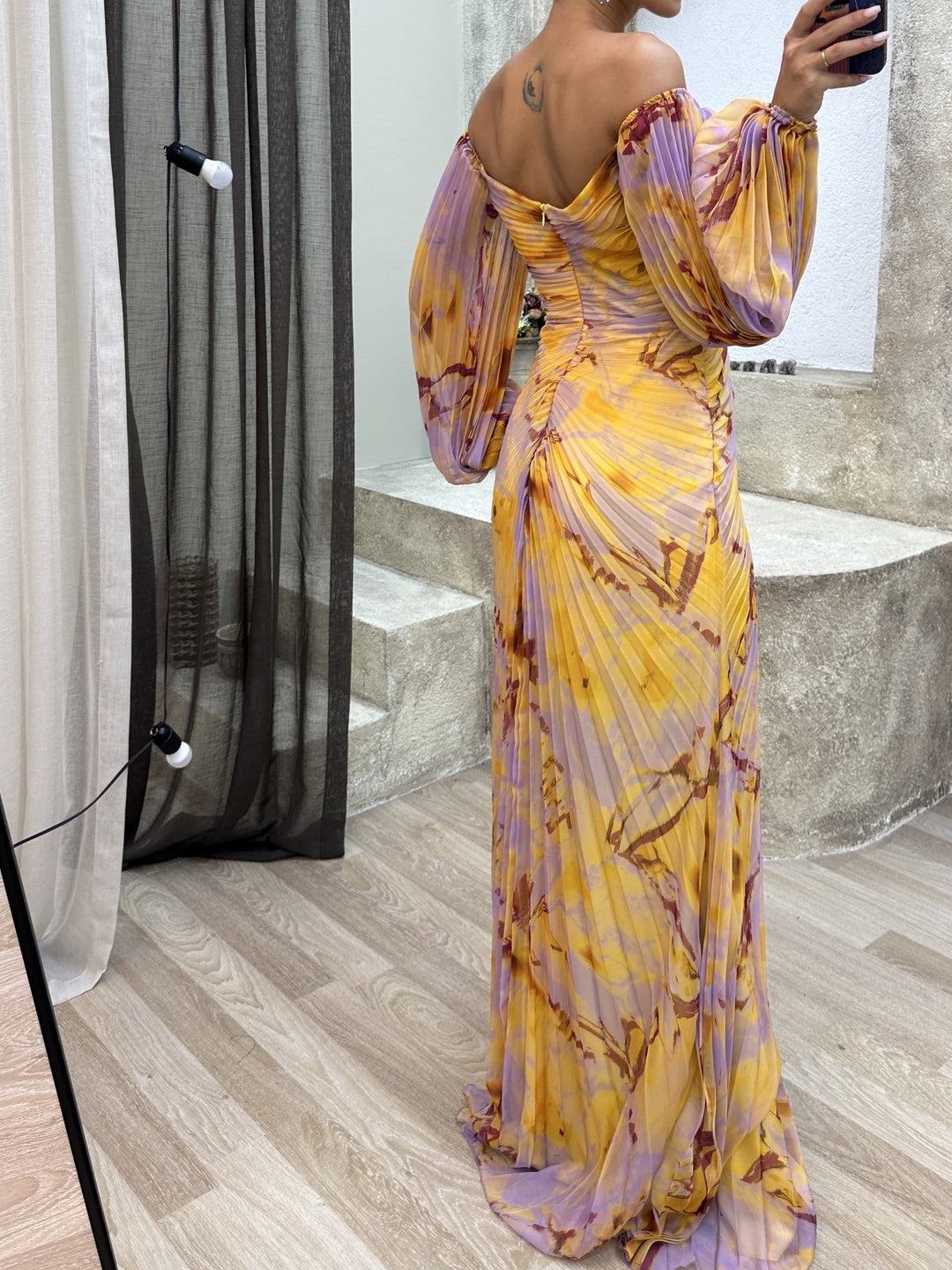 Off-the-Shoulder Pleated Maxi Dress with Diamond Accents and Side Slit