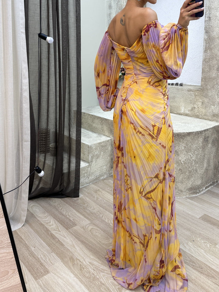 Off-the-Shoulder Pleated Maxi Dress with Diamond Accents and Side Slit