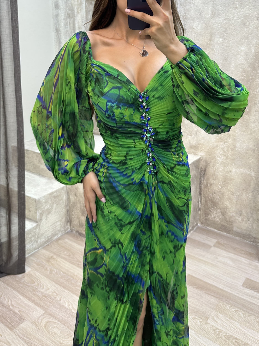 Off-the-Shoulder Pleated Maxi Dress with Diamond Accents and Side Slit