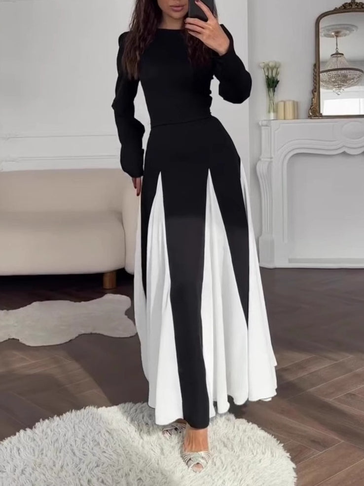 Chic Black and White Colorblock Long Sleeve Dress with Round Neck and Waist Detail