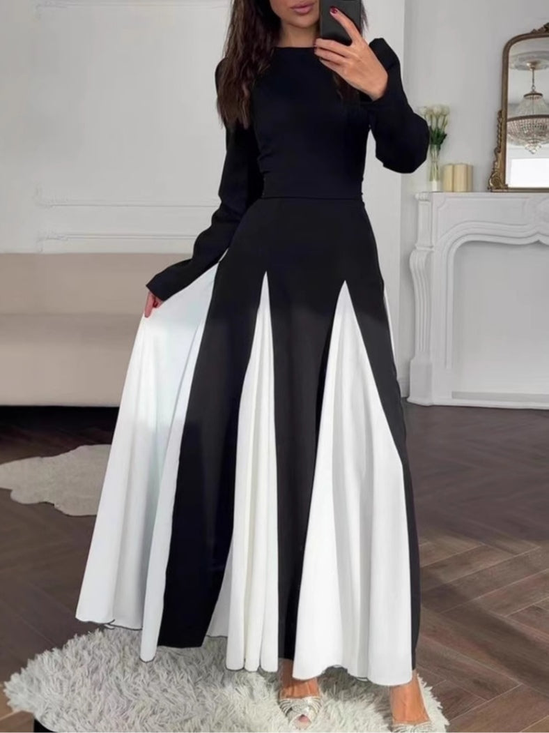 Chic Black and White Colorblock Long Sleeve Dress with Round Neck and Waist Detail