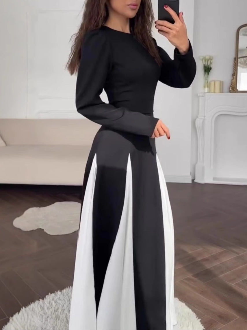 Chic Black and White Colorblock Long Sleeve Dress with Round Neck and Waist Detail