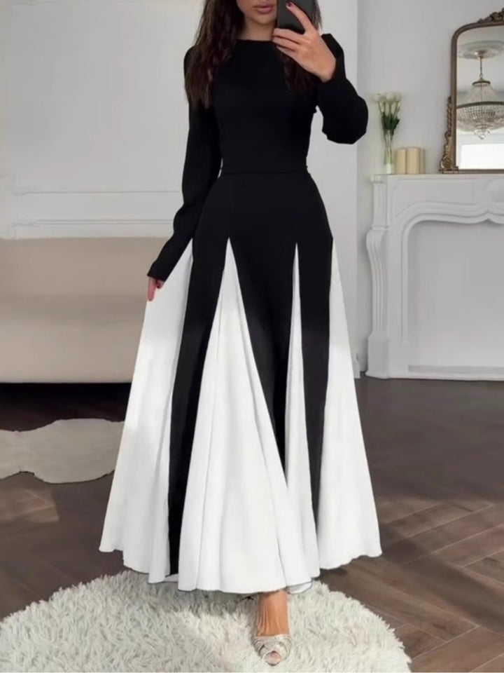 Chic Black and White Colorblock Long Sleeve Dress with Round Neck and Waist Detail