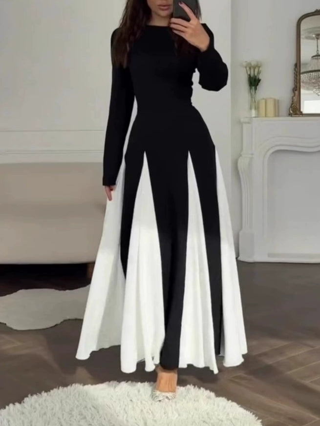 Chic Black and White Colorblock Long Sleeve Dress with Round Neck and Waist Detail