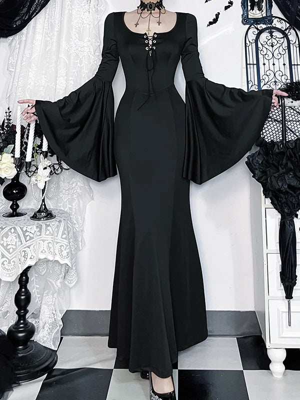 Gothic Lace-Up Mermaid Maxi Dress with Bell Sleeves