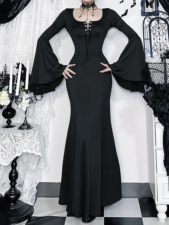 Gothic Lace-Up Mermaid Maxi Dress with Bell Sleeves