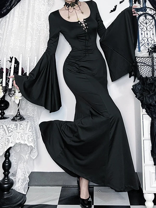 Gothic Lace-Up Mermaid Maxi Dress with Bell Sleeves