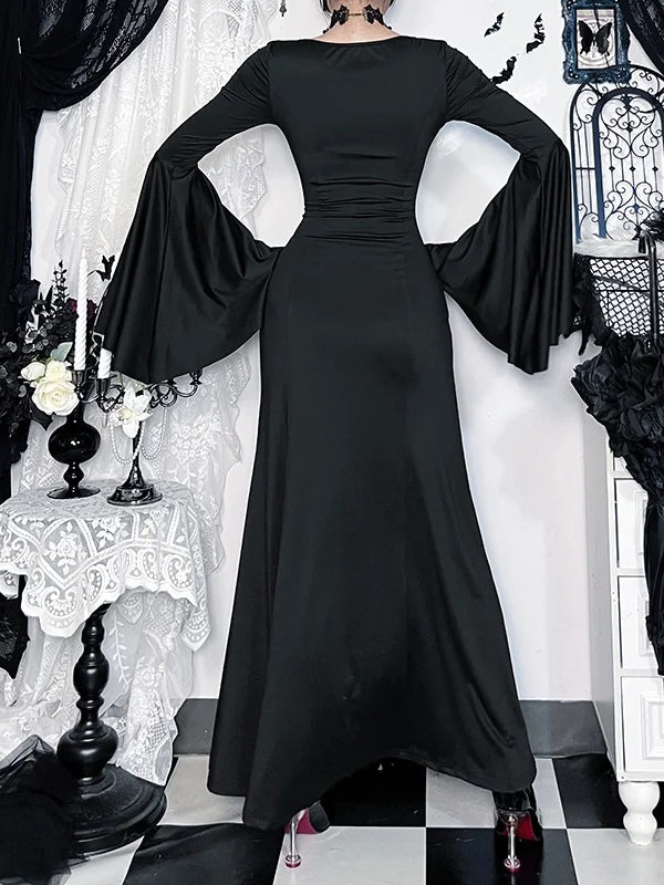 Gothic Lace-Up Mermaid Maxi Dress with Bell Sleeves