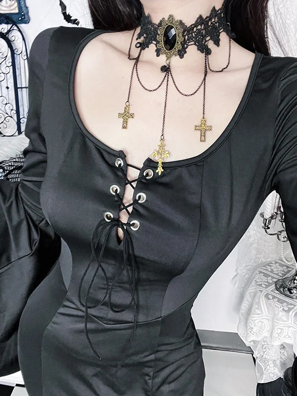 Gothic Lace-Up Mermaid Maxi Dress with Bell Sleeves