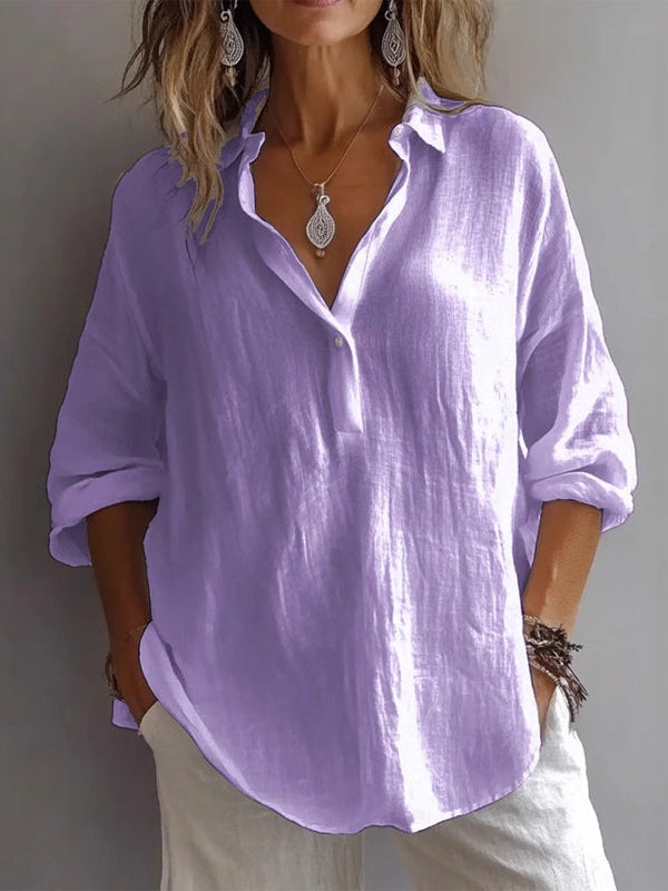 Relaxed Fit Long Sleeve V-Neck Linen Shirt