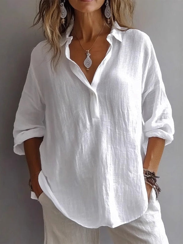 Relaxed Fit Long Sleeve V-Neck Linen Shirt