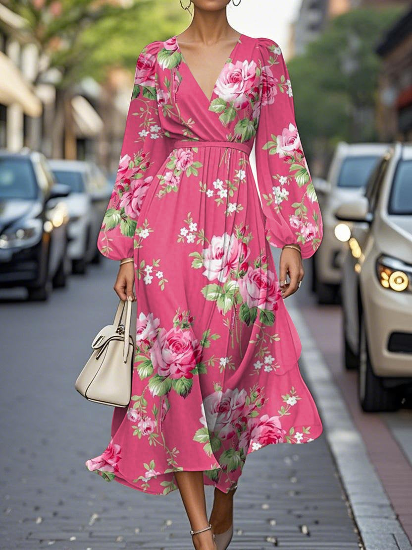 Chic Floral V-Neck Chiffon Pleated Midi Dress