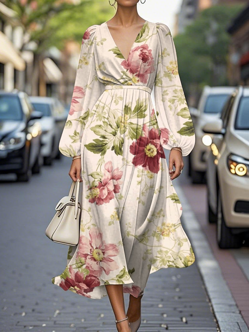 Chic Floral V-Neck Chiffon Pleated Midi Dress