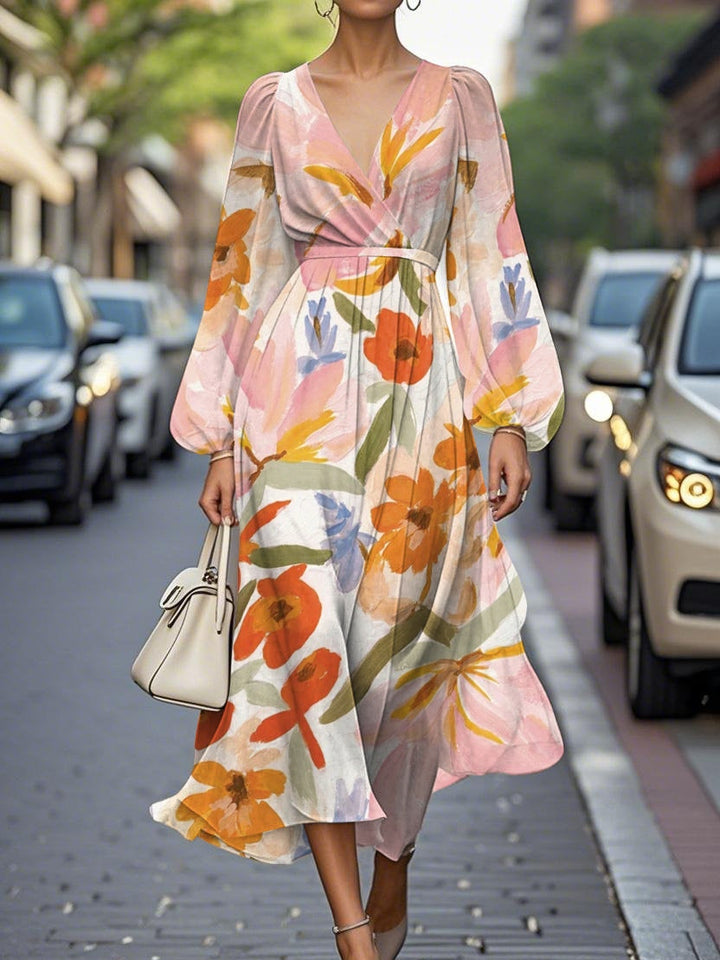 Chic Floral V-Neck Chiffon Pleated Midi Dress