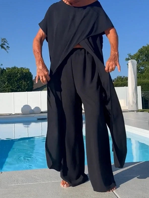 סט מכנסיים רחבים קלילים עם טופ צמוד תואם עם שרוולים קצרים