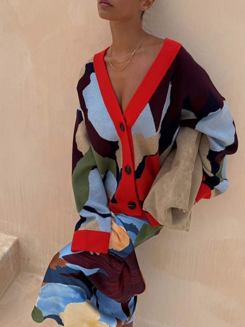 ז'קט סריג עם דוגמא גיאומטרית ועיצוב מופשט