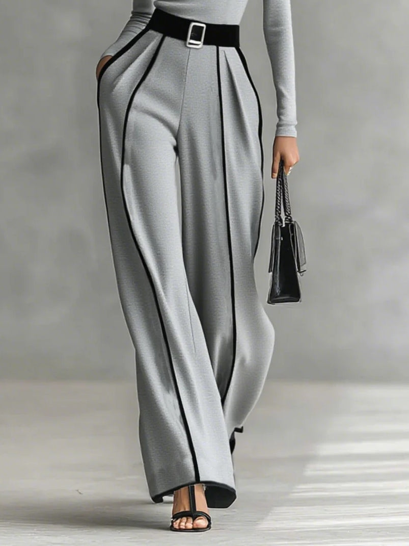 White Trim High-Neck Long Sleeve Top with Wide-Leg Pants and Belt Ensemble